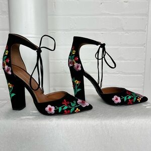 Shoe Republic LA Black Floral Embroidered Lace-Up Pump